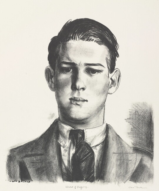 A black-and-white print portrait of a young, White man from the chest up wearing a sport coat, tie, and collared shirt. 