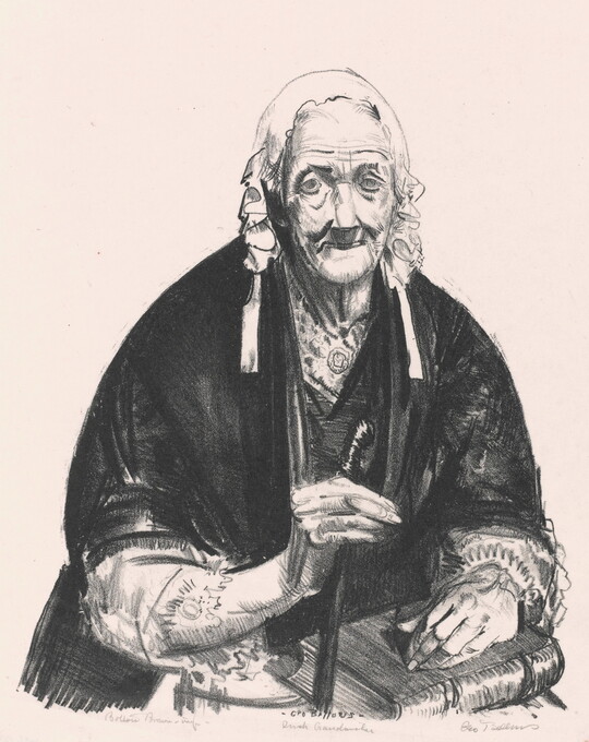A black-and-white print in a loosely-drawn style of an elderly White woman in a lace cap with a black shawl draped over her shoulders; she holds a cane in one hand, the other rests on a book in her lap.
