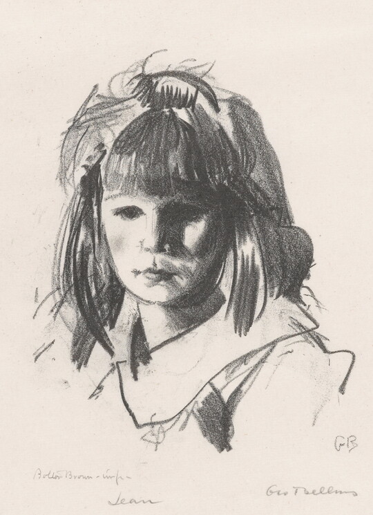 A black-and-white print in a loosely-drawn style of a young White girl with a downward gaze and disorderly hair.
