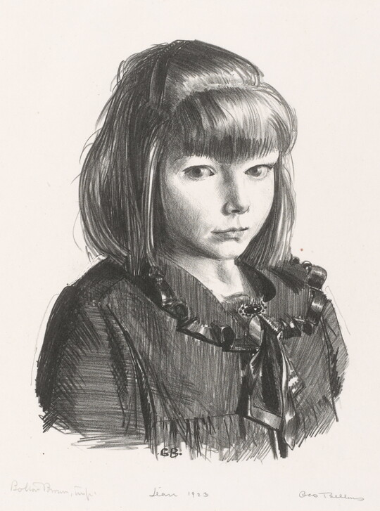 A black-and-white print in a sketch-like style of a young White girl with straight hair and bangs in a ruffled blouse.