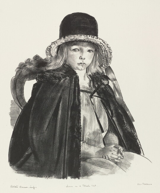 A black-and-white print of a young White girl in a black hat and cloak sitting in a chair with hands folded on her lap.