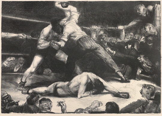 A black-and-white print of two boxers and a referee inside a boxing ring while patrons watch.