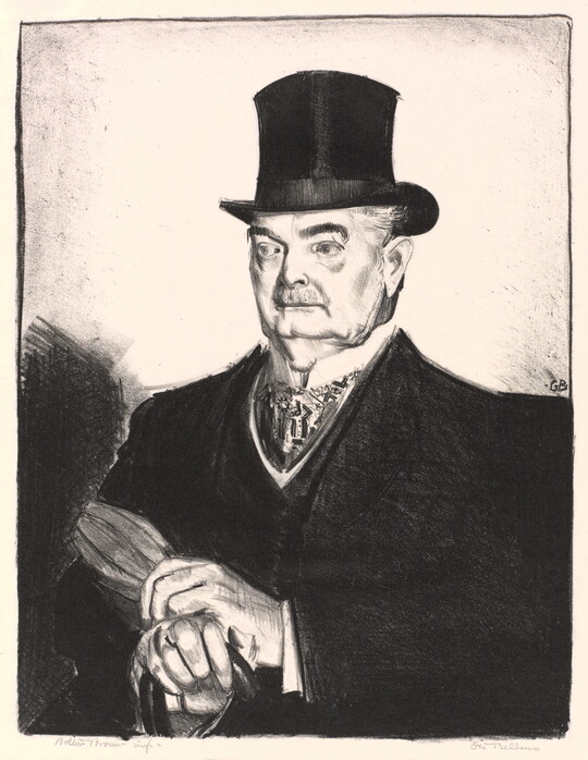A black-and-white print of an elderly White man with a moustache in a black top hat and coat, his hands folded over a cane.