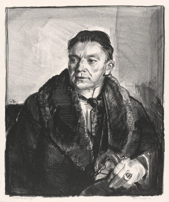A black-and-white print of a White man with short hair, wearing an overcoat with fur lapels and looking off to the side.