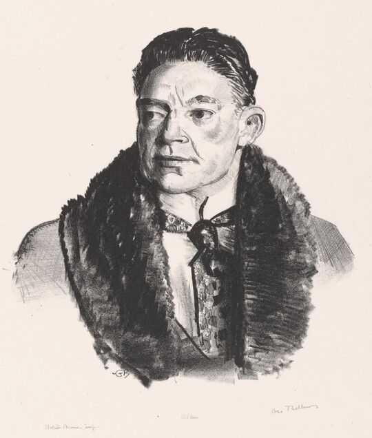 A black-and-white print of a White man with short hair, wearing an overcoat with fur lapels and looking off to the side.