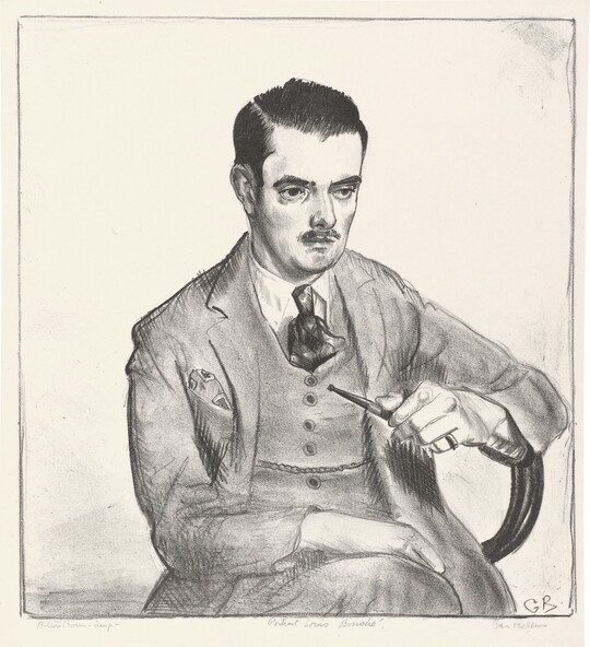 A black-and-white print of a White man with slicked-back hair and a moustache, wearing a three-piece suit, and holding the stem of a pipe. 