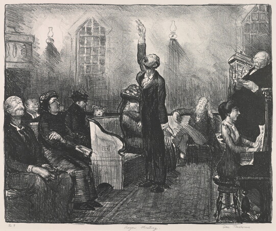 A black-and-white print of a man in a crowded church looking upward and reaching his hand high above his head as a woman plays the piano behind him.