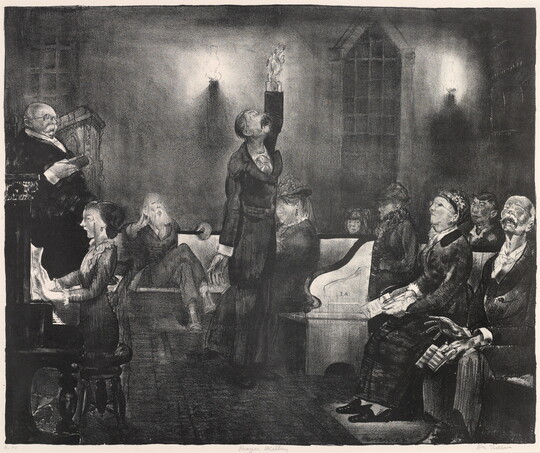 A black-and-white print of a man in a crowded church looking upward and reaching his hand high above his head as a woman plays the piano behind him.