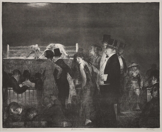 A black-and-white print of a group of nicely dressed people watching a boxing match.