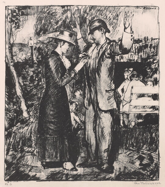 A black-and-white print of a woman buttoning up or affixing something to the jacket of a soldier who stands with his hands raised.