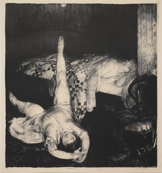 A black-and-white print of a figure in a bed tucked under a quilt and a female figure lying on the floor with one leg propped up on the bed.