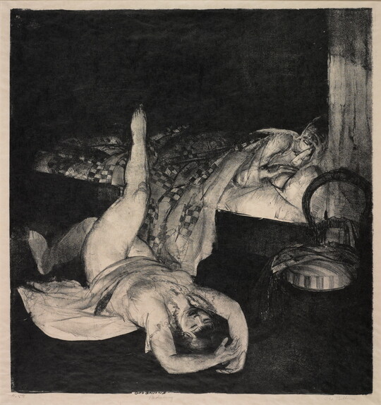 A black-and-white print of a figure in a bed tucked under a quilt and a female figure lying on the floor with one leg propped up on the bed.