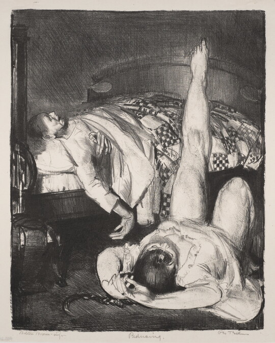 A black-and-white print of a figure in a bed tucked under a quilt and a female figure lying on the floor with one leg propped up on the bed.