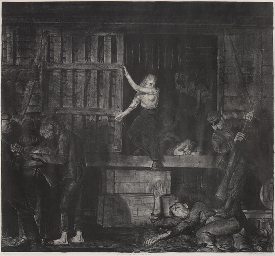 A black-and-white print of people, mostly in shadows, emerging from a dark boxcar as, in front of the boxcar, an officer holds down a person on the ground with his boot and a rifle.