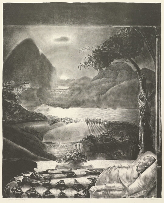 A black-and-white print of elderly man in bed in the foreground looking toward an expansive, idyllic nature scene of a river and the sun peeking from behind the hills.