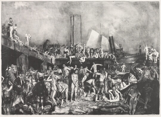 A black-and-white print of a crowd of mostly men, nude or in swimsuits, on a dock near the banks of a river.