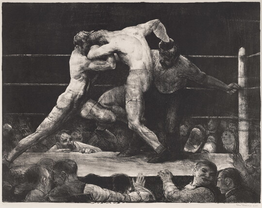 A black-and-white print of two men boxing next to a referee inside a ring as spectators watch.