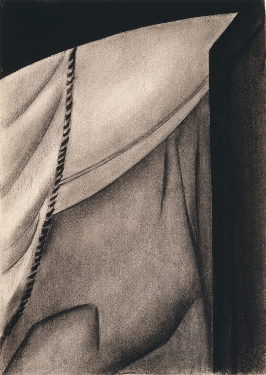 A charcoal drawing of soft white fabric seen through an open door with a curved lintel.
