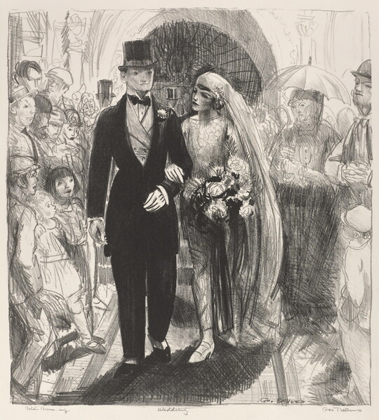 A black-and-white print of a groom and bride walking arm-in-arm out of a church with people on either side of them.