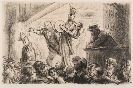 A black-and-white sketch-like print of people performing in a Vaudeville-like show before a crowded audience.