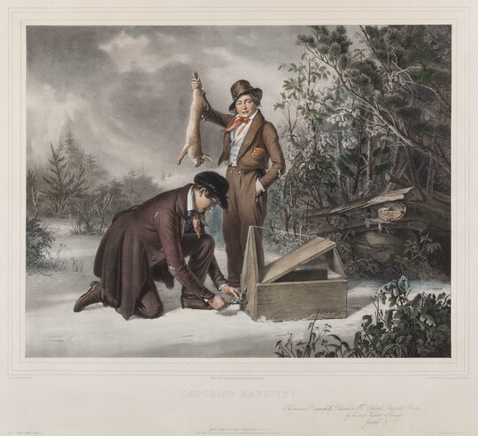 A color print of a White man setting a trap while another holds up a dead rabbit up in a snowy landscape.