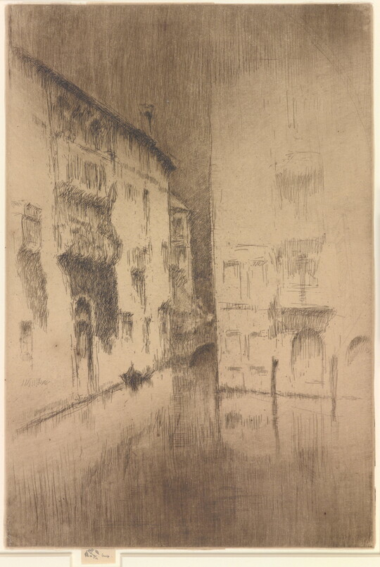 A black-and-white print of a canal lined with tall buildings at nighttime.