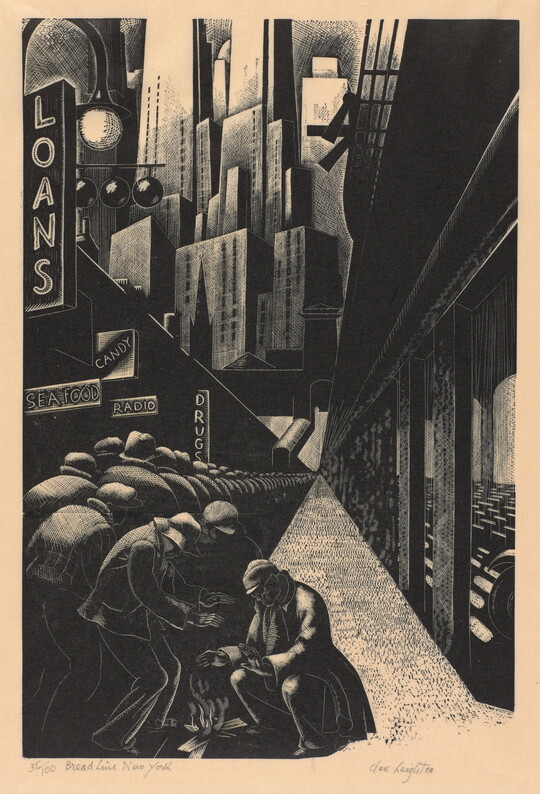 A black-and-white print of people warming their hands over a fire at the end of a long line of people in a city with a stylized backdrop of skyscrapers.