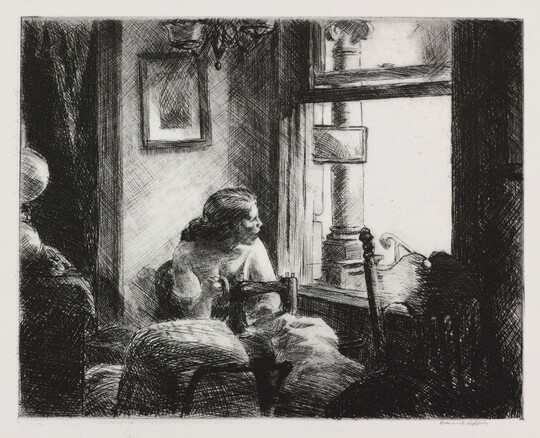 A black-and-white etching of a woman sitting at a sewing machine, looking out a window.