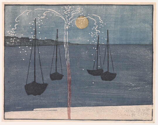 An abstract color print of four boats on calm water with a firework exploding in the foreground.