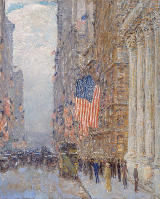 An oil painting of a New York City street filled with people, cars, and American flags hanging from buildings on both sides of the street.