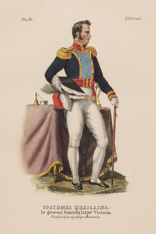 A color print of a standing White man wearing a Mexican military uniform.