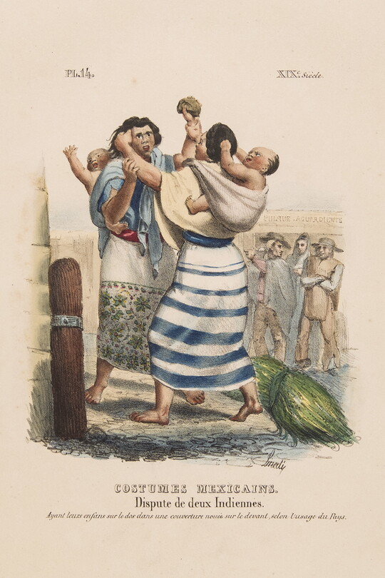 A color print depicting a dispute between two Mexican women in traditional dress holding their babies on their backs.