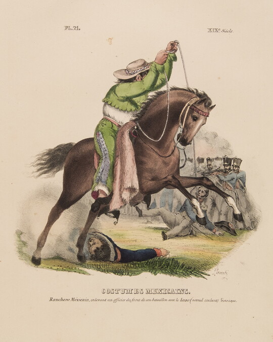 A color print of a person wearing green pants and jacket on horseback, jumping over a fallen person.