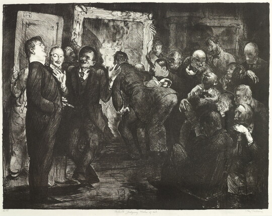 A black-and-white print of a crowded art gallery filled with men looking closely at framed artworks. 