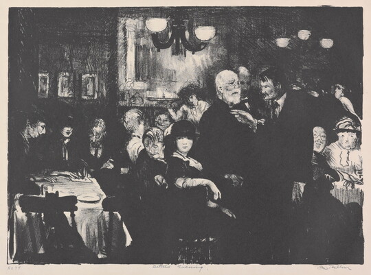 A black-and-white print of the interior of a bar or restaurant filled with men and women seated at tables or standing and talking.