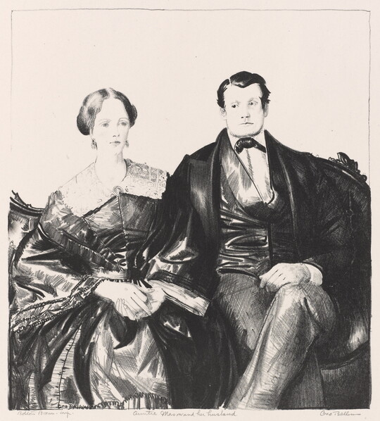 A black-and-white print of a fancily-dressed White woman sitting next to a dapperly-dressed White man whose hand is in her lap.