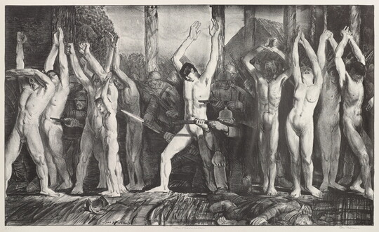 A black-and-white print of a group of nude White people holding their hands up as soldiers behind and between them aim guns and bayonets. 