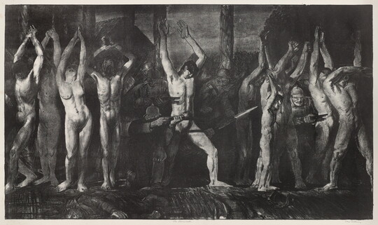 A black-and-white print of a group of nude White people holding their hands up as soldiers behind and between them aim guns and bayonets. 