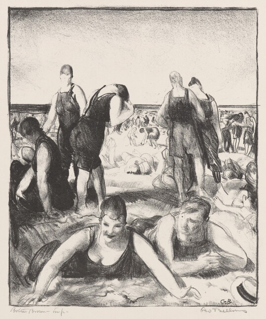 A black-and-white print of people crammed together on a sandy beach.