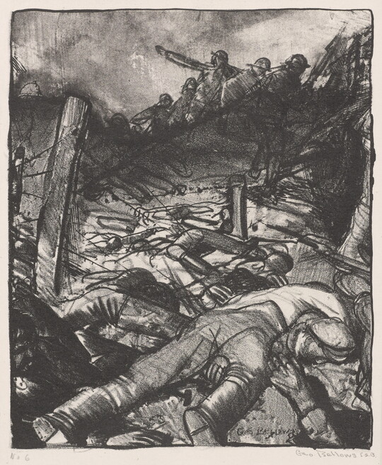 A black-and-white sketch-like print of soldiers, some dead, lying in a trench as soldiers above crouch and point.