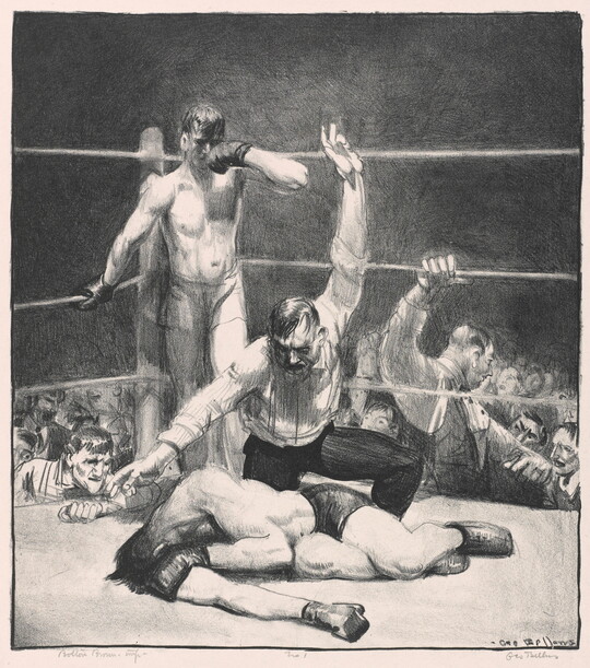 A black-and-white print of a referee kneeling over a boxer counting down with the opponent and coaches in the background.