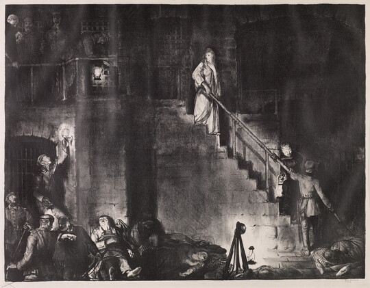 A black-and-white print of a woman dressed in a white robe descending a prison staircase surrounded by standing and reclining guards and prisoners.
