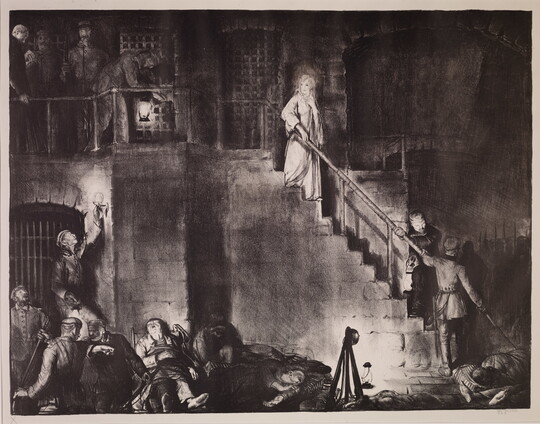 A black-and-white print of a woman dressed in a white robe descending a prison staircase surrounded by standing and reclining guards and prisoners.