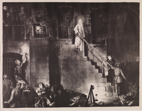 A black-and-white print of a woman dressed in a white robe descending a prison staircase surrounded by standing and reclining guards and prisoners.