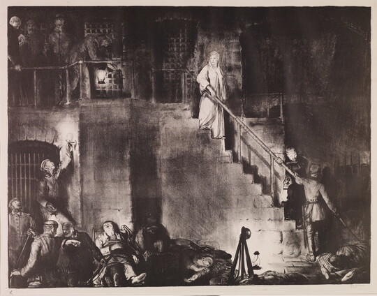 A black-and-white print of a woman dressed in a white robe descending a prison staircase surrounded by standing and reclining guards and prisoners.