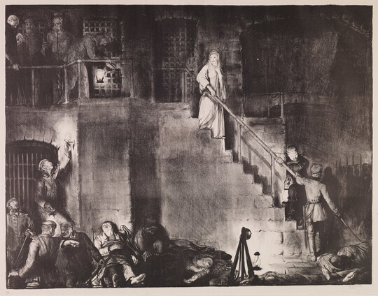 A black-and-white print of a woman dressed in a white robe descending a prison staircase surrounded by standing and reclining guards and prisoners.