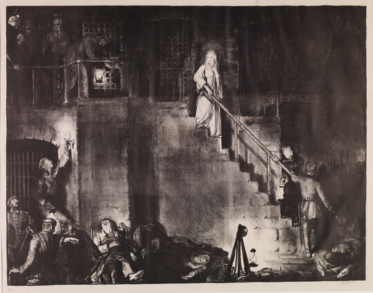 A black-and-white print of a woman dressed in a white robe descending a prison staircase surrounded by standing and reclining guards and prisoners.