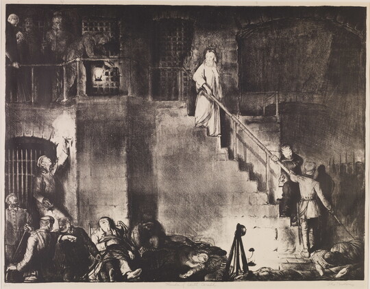 A black-and-white print of a woman dressed in a white robe descending a prison staircase surrounded by standing and reclining guards and prisoners.