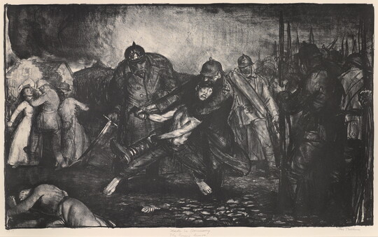 A dark, black-and-white print of soldiers violently rounding up citizens.