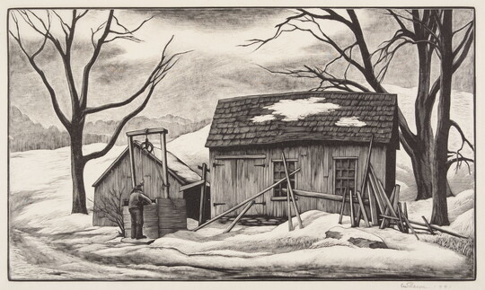 A black-and-white print of a man by a water well next to a wooden barn in a snowy landscape.